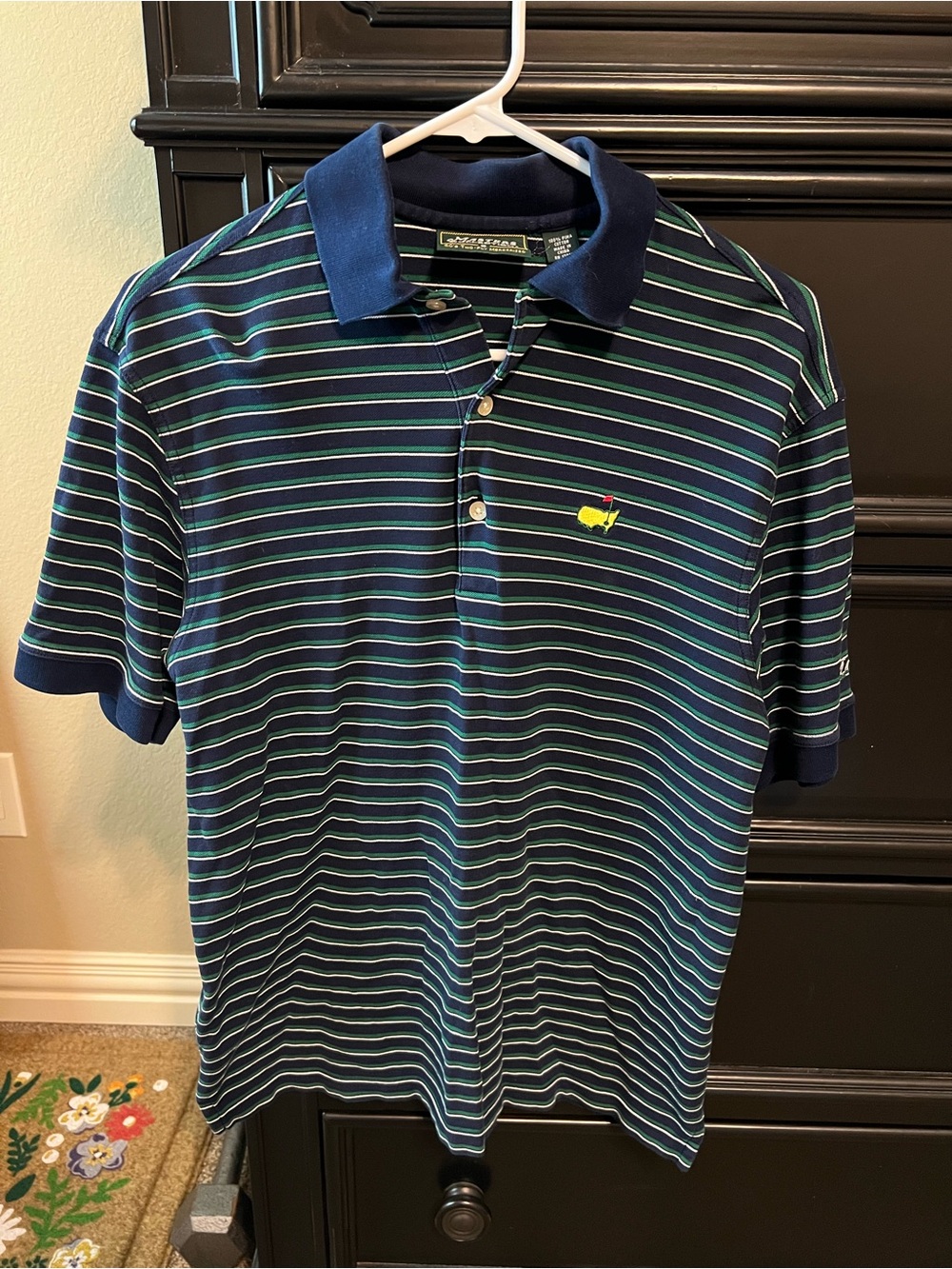 Masters Navy Polo with Green & White Stripes and Yellow Logo